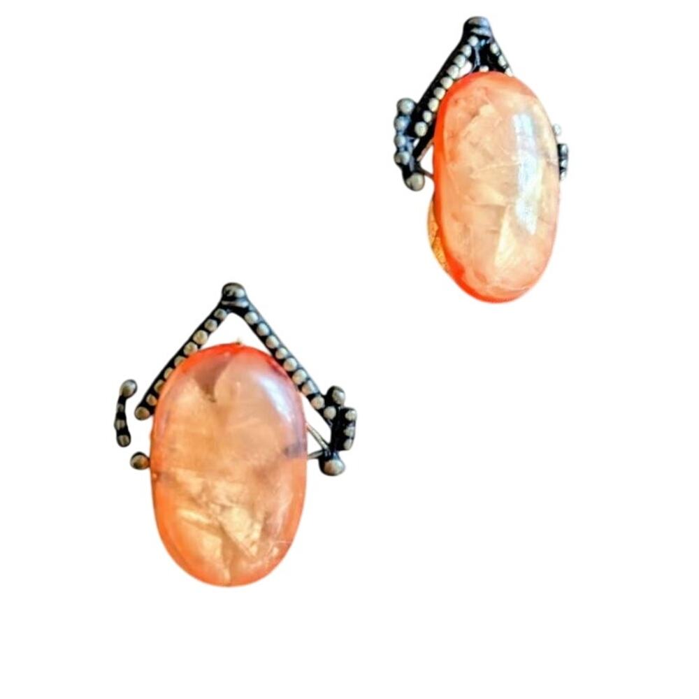 Vintage orange stone silver clip on woman's earrings.  About 1 and 1/2 inch long
